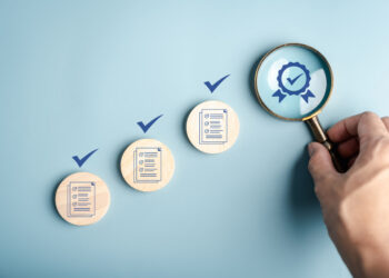 Certificate approval process with document checklist, magnifying focus quality assurance, verification system, compliance audit, and standard validation.