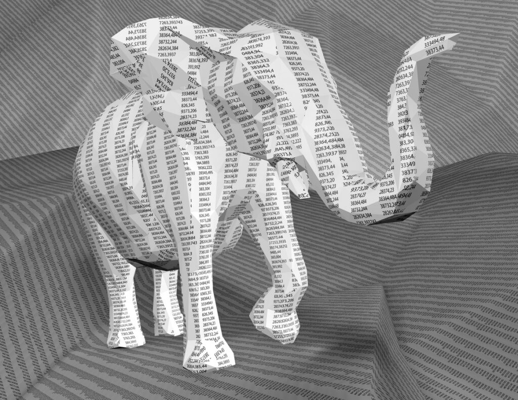 abstract shape of an elephant covered in columns of numbers
