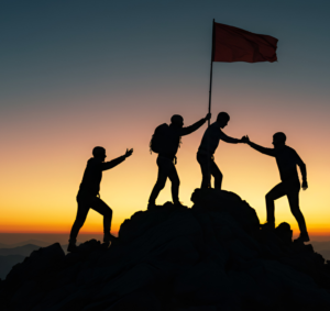 Image of four figures climbing to the top of a rock pile, with one person apparently wearing a backpack raising a flag. Another person is helping a third figure up and the fourth has their hand outstretched for help. The figures are all in black against a background that is reminiscent of a golden sunrise. No details of the flag, people or sky are visible, only their profiles.