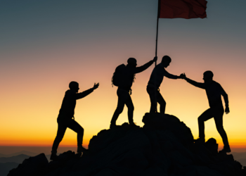 Image of four figures climbing to the top of a rock pile, with one person apparently wearing a backpack raising a flag. Another person is helping a third figure up and the fourth has their hand outstretched for help. The figures are all in black against a background that is reminiscent of a golden sunrise. No details of the flag, people or sky are visible, only their profiles.