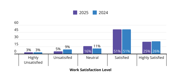 Column chart comparing 2024 and 2025 work satisfaction levels