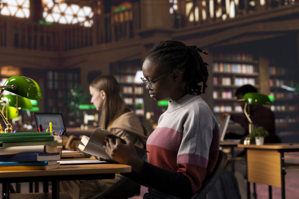 African american girl studies for a critical law exam and reading specialty books to complete her class notes with other reliable academic information. Studying in the library before the test.