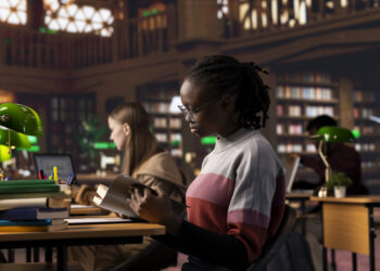 African american girl studies for a critical law exam and reading specialty books to complete her class notes with other reliable academic information. Studying in the library before the test.