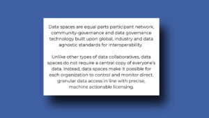 Text snippet image that reads: "Data spaces are equal parts participant network, community-governance, and data governance technology built upon global, industry, and data agnostic standards for interoperability. Unlike other types of data collaboratives, data spaces do not require a central copy of everyone's data. Instead, data spaces make it possible for each organization to control and monitor direct, granular data access in line with precise, machine actionable licensing."