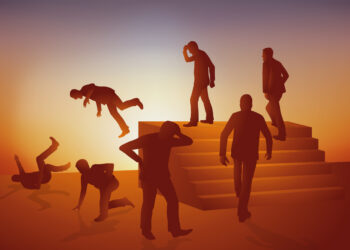 concept of the vicious circle, as a silhouette of a man climbs a set of stairs, falls, then repeats the same pattern