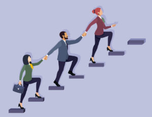 Decorative image depicting a unified Business Team Scaling New Heights. Exemplary Leadership, Investment Growth, and Collective Success. Illustration Depicting a Team of Business people Ascending.