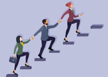 Decorative image depicting a unified Business Team Scaling New Heights. Exemplary Leadership, Investment Growth, and Collective Success. Illustration Depicting a Team of Business people Ascending.