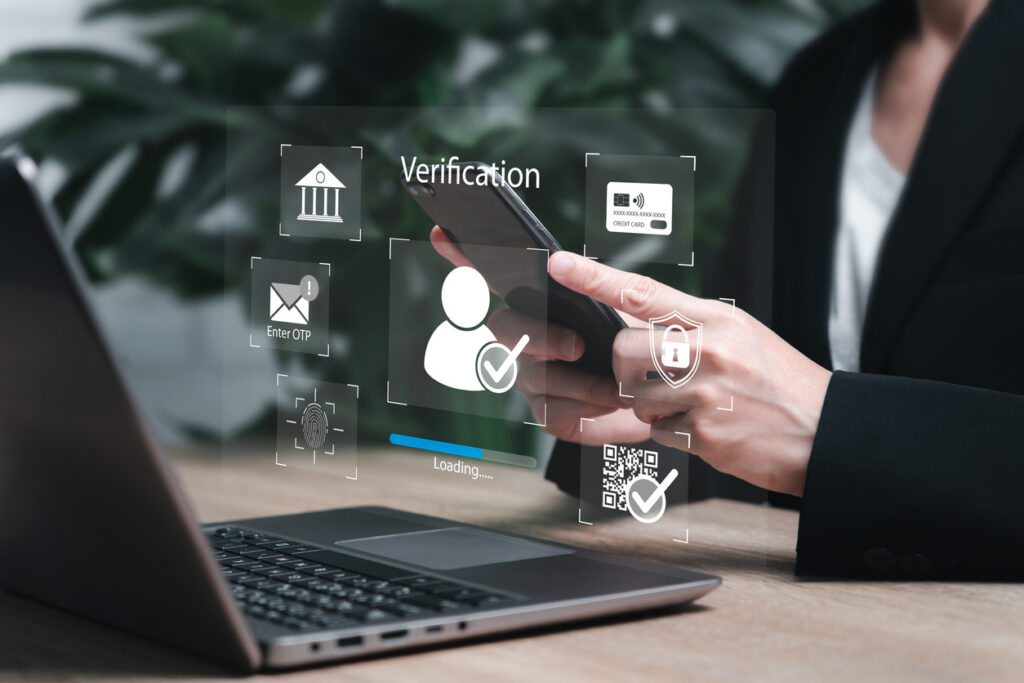 Identity verification concept, Authentication facial recognition biometric Security, Businesswomen use smartphone verify identity in system, OPT code, Fingerprint, Multi-tiered privacy protection