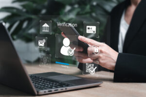 Identity verification concept, Authentication facial recognition biometric Security, Businesswomen use smartphone verify identity in system, OPT code, Fingerprint, Multi-tiered privacy protection