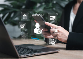 Identity verification concept, Authentication facial recognition biometric Security, Businesswomen use smartphone verify identity in system, OPT code, Fingerprint, Multi-tiered privacy protection