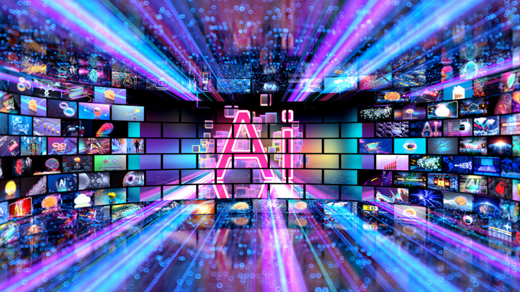 Video wall with many small screens and the letters AI superimposed