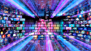 Video wall with many small screens and the letters AI superimposed