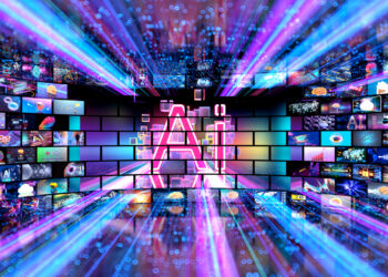 Video wall with many small screens and the letters AI superimposed