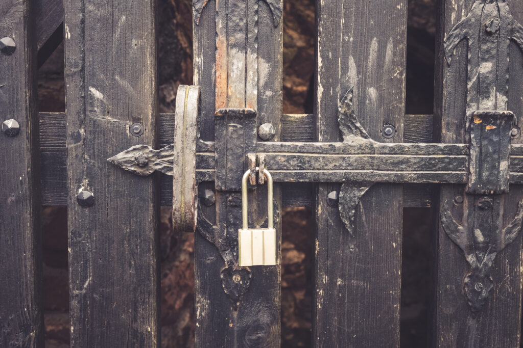 Decorative image: A beautifully crafted wooden gate stands tall, adorned with elegant carvings. A shiny padlock keeps it secure, hinting at mysteries within the hidden garden beyond.