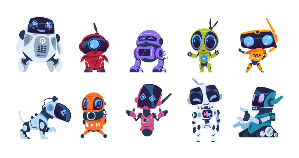 Modern robots. Cartoon friendly mascots. Colorful personal assistants. Collection of mechanical toys. Artificial intelligence or scientific innovation technologies. Vector isolated automation machines