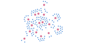 Network diagram of overarching concepts (pink) and topics (blue) discussed at purepub.ai.