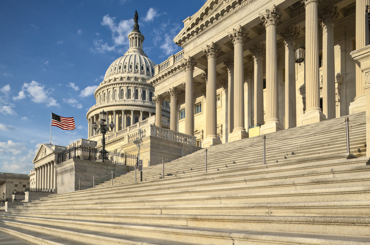 Detail view of the US Capitol east facade in the early morning sun.