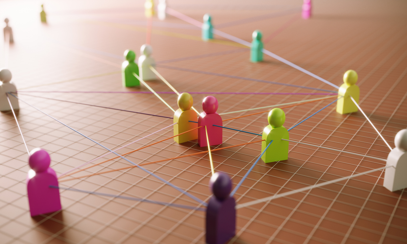 Decorative image representing the concept of communication with multi colored abstract people icons. (3d render)
