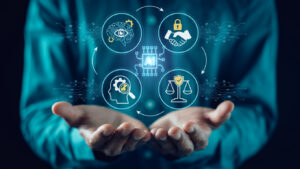 AI Governance and Human-in-the-loop ethical control concept. Professional using tablet and stylus to supervise artificial intelligence decision making, security, compliance, and transparency