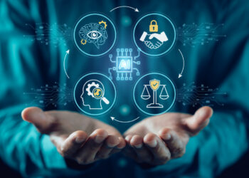 AI Governance and Human-in-the-loop ethical control concept. Professional using tablet and stylus to supervise artificial intelligence decision making, security, compliance, and transparency