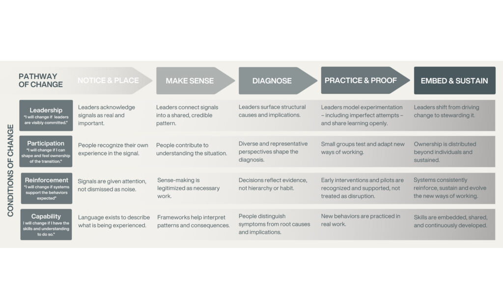 Diagram of the author's proposed pathway of change (horizontal axis) and how that path varies as conditions change.