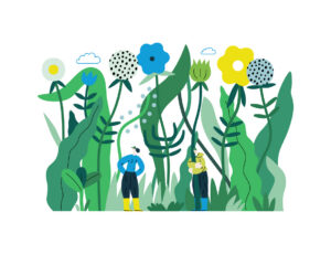 Decorative image suggesting natural ecosystems with Greenery, ecology -modern flat vector concept illustration of tiny people in the grass, surrounded by plants and flowers. Metaphor of environmental sustainability and protection, closeness to nature