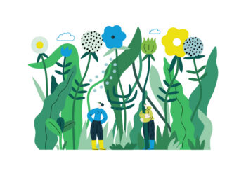 Decorative image suggesting natural ecosystems with Greenery, ecology -modern flat vector concept illustration of tiny people in the grass, surrounded by plants and flowers. Metaphor of environmental sustainability and protection, closeness to nature
