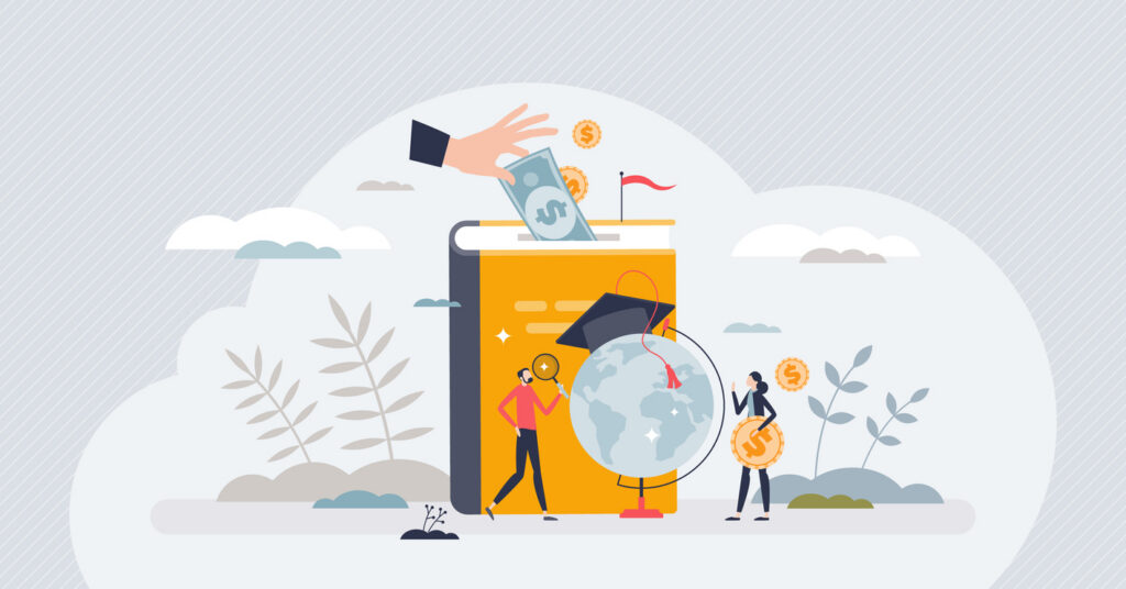 illustration of money being inserted into a book leading to research and knowledge