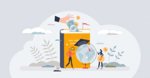 illustration of money being inserted into a book leading to research and knowledge