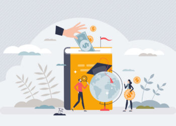 illustration of money being inserted into a book leading to research and knowledge