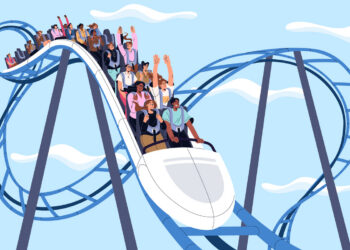 Decorative image of thrilled people screaming, hands up on roller coaster. Visitors ride on fast rollercoaster on height. Characters have fun on extreme entertainment, attraction in amusement park.