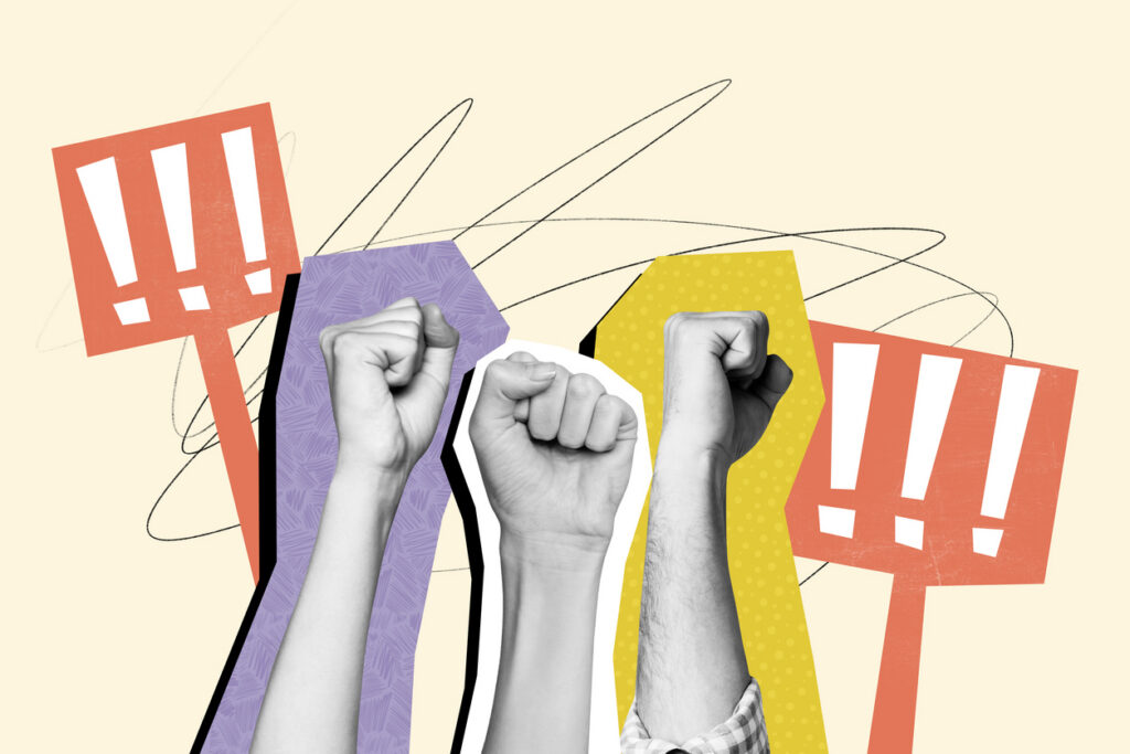 Decorative image representing free speech and protesting. 3d full poster banner collage of human hands show fist gesture power exclamation mark rebellion agitation picket problem.