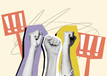 Decorative image representing free speech and protesting. 3d full poster banner collage of human hands show fist gesture power exclamation mark rebellion agitation picket problem.