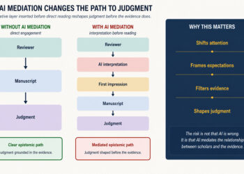 Diagram comparing two paths to judgment. On the left, without AI mediation: Reviewer → Manuscript → Judgment, described as a clear epistemic path grounded in the evidence. On the right, with AI mediation: Reviewer → AI interpretation → First impression → Manuscript → Judgment, illustrating a mediated epistemic path in which judgment is shaped before direct engagement with the evidence. A side panel titled "Why This Matters" lists four effects: shifts attention, frames expectations, filters evidence, and shapes judgment. The figure concludes that the risk is not that AI is wrong, but that it mediates the relationship between scholars and the evidence.