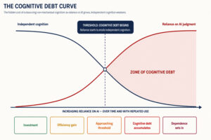 Line chart titled "The Cognitive Debt Curve," showing independent cognition and reliance on AI judgment as reliance on AI increases over time. Independent cognition begins high and steadily declines, while reliance on AI judgment begins low and steadily rises. The two curves intersect at a labeled threshold where cognitive debt begins. The area beyond this threshold is shaded as the "Zone of Cognitive Debt." Five stages appear along the bottom: Investment, Efficiency Gain, Approaching Threshold, Cognitive Debt Accumulates, and Dependence Sets In.