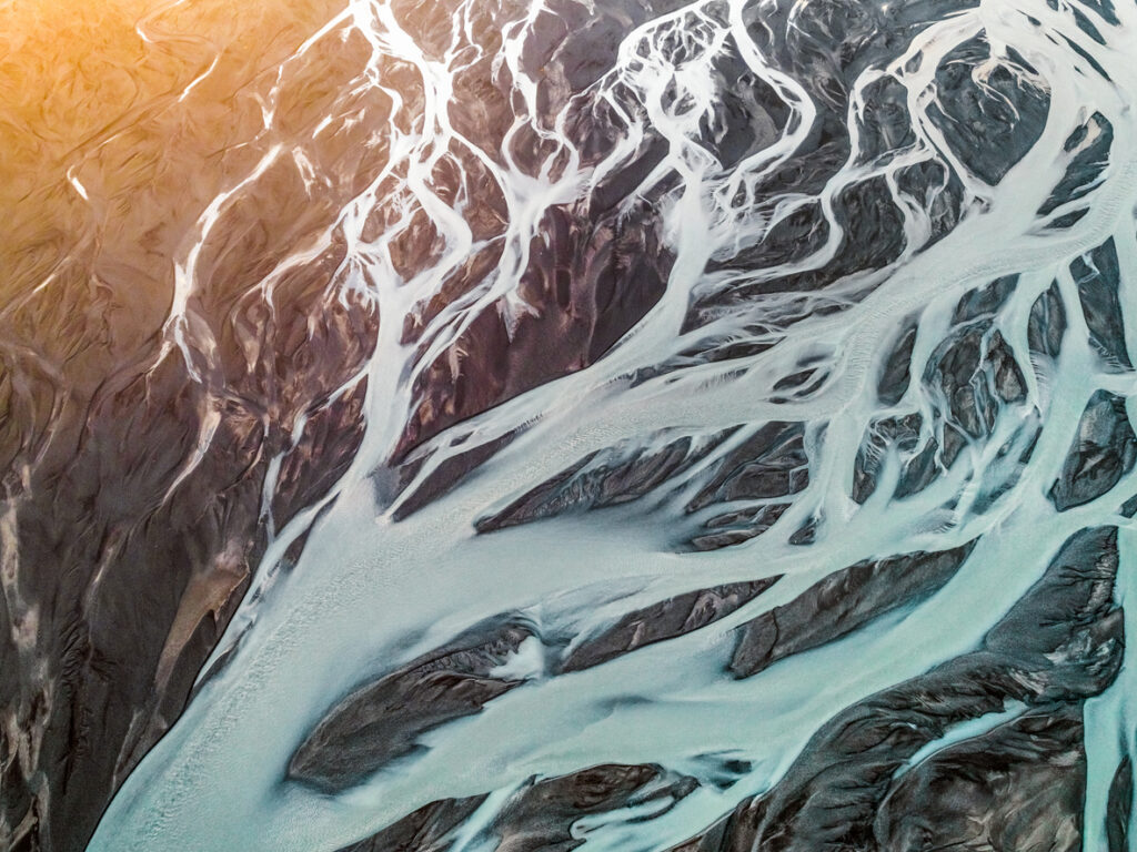 Decorative image of aerial view of braided river. Scenic view of Markarfljot in Iceland. Image is representing beautiful nature. Glacier river from Eyjafjallajokull.