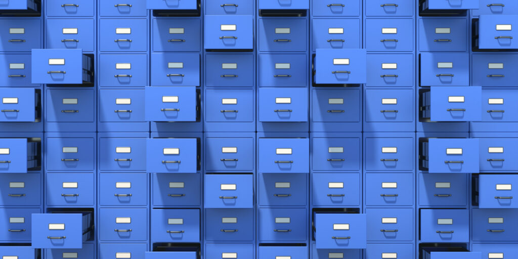 Decorative image of filing cabinets with open drawers background. Office document data and information archive storage, business administration concept. 3d illustration