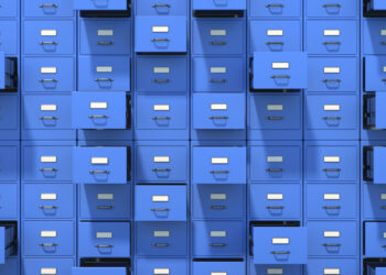 Decorative image of filing cabinets with open drawers background. Office document data and information archive storage, business administration concept. 3d illustration