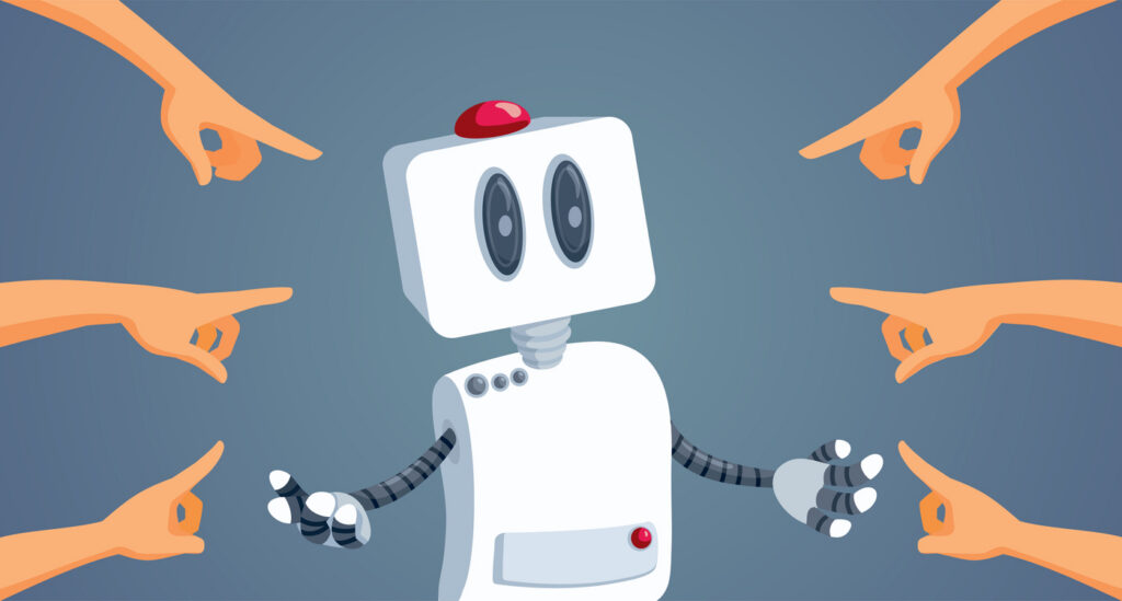 Illustration of angry human fingers pointing at a robot, meant to represent people blaming or accusing AI