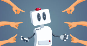Illustration of angry human fingers pointing at a robot, meant to represent people blaming or accusing AI