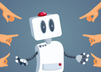 Illustration of angry human fingers pointing at a robot, meant to represent people blaming or accusing AI