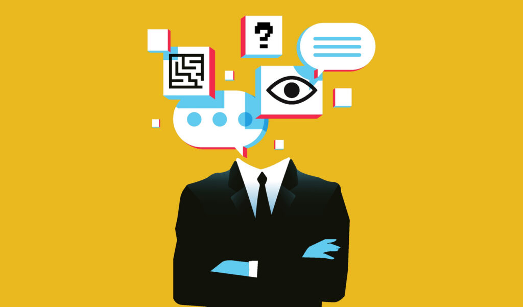 Illustration of a Man in suit with text bubbles and graphic elements where their head should be