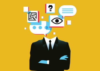 Illustration of a Man in suit with text bubbles and graphic elements where their head should be