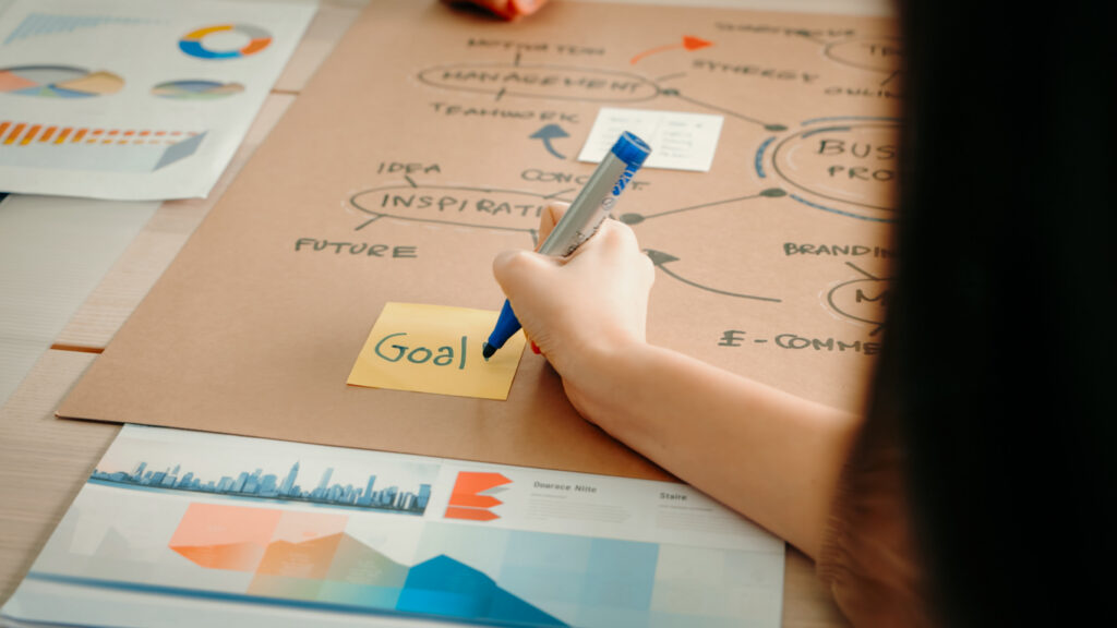 Decorative image of Team Collaborating on Business Strategy with Mindmap and Goal Planning in a Modern Office