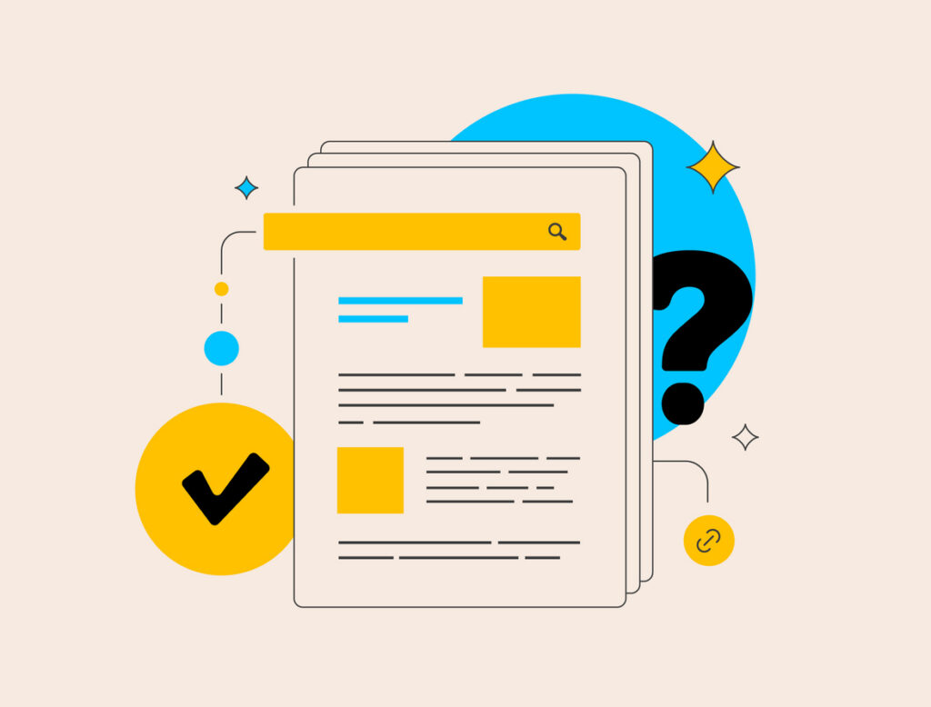 Illustration of a document going through fact checking, document has a question mark on one side and a check mark on the other