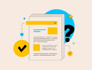 Illustration of a document going through fact checking, document has a question mark on one side and a check mark on the other