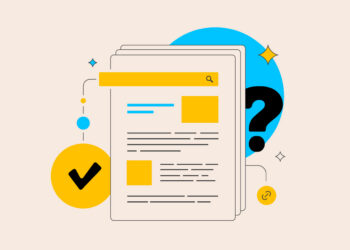 Illustration of a document going through fact checking, document has a question mark on one side and a check mark on the other