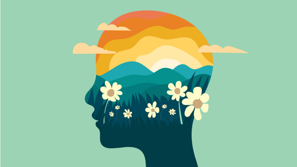 Decorative image suggesting mental health and the human mind with sunrise mountains and flowers head silhouette vector illustration