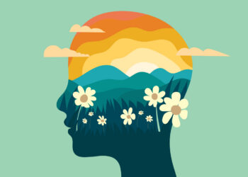 Decorative image suggesting mental health and the human mind with sunrise mountains and flowers head silhouette vector illustration