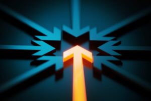 Arrow symbols merging on dark blue background. One of the arrows is orange in color